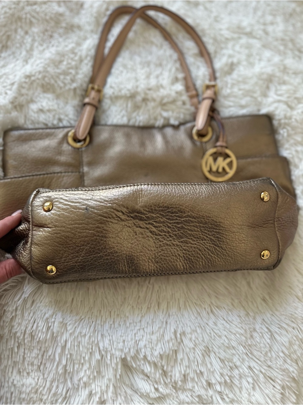 Michael Kors Metallic Bronze Gold Pebbled Leather Tote Bag Shoulder Purse - Picture 10 of 13
